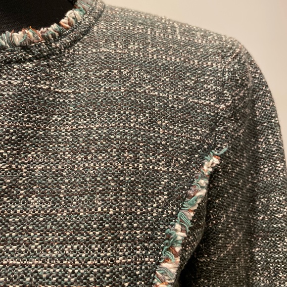 W by Worth Cypress Gray Tweed Peplum Grommet Jacket Size2 Tailored Frayed Fringe - Picture 2 of 11